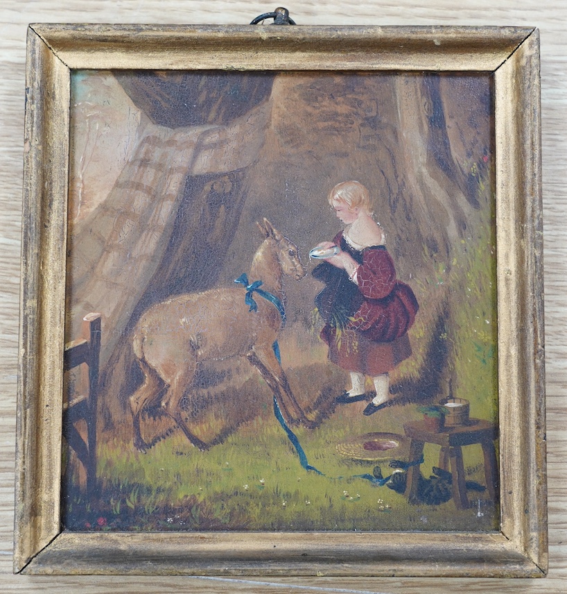 From the Studio of Fred Cuming. Victorian School, oil on board, Girl and goat, 14 x 13cm. Condition - fair to good, craquelure commensurate with age